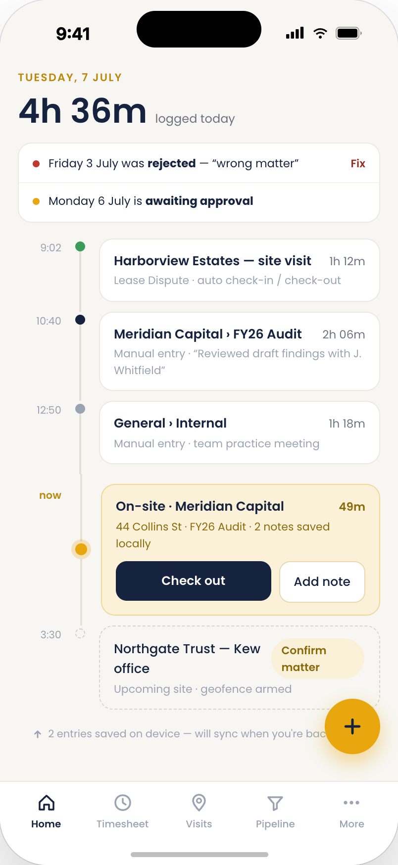 Mobile app: a captured on-site visit (no location map)