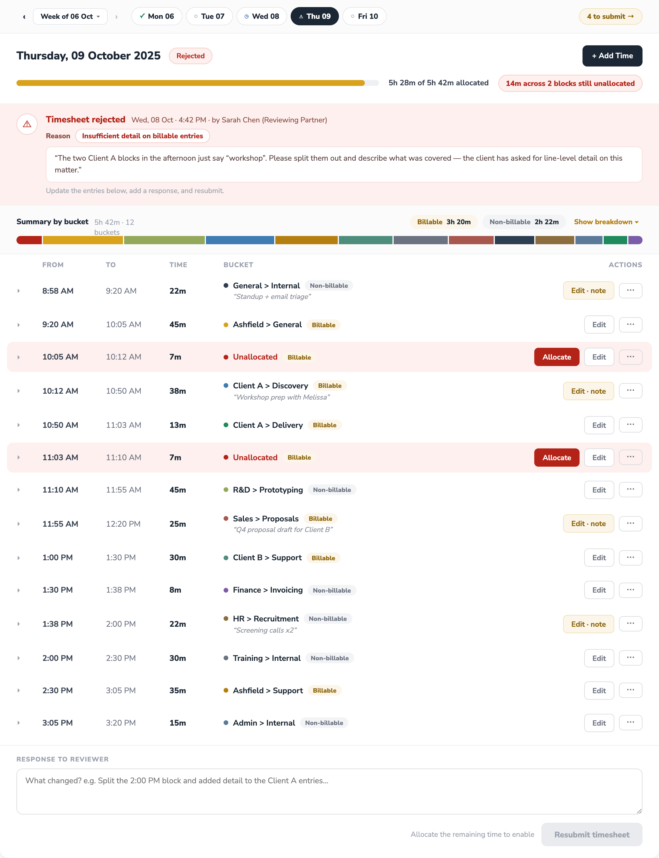 Timesheet: a day allocated across clients & matters